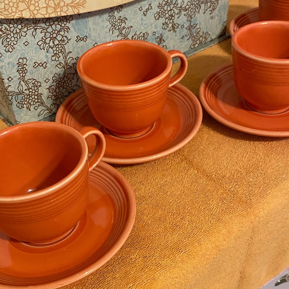 Fiesta Flamingo Orange Ceramic Cup and Saucer Set of four. No damage